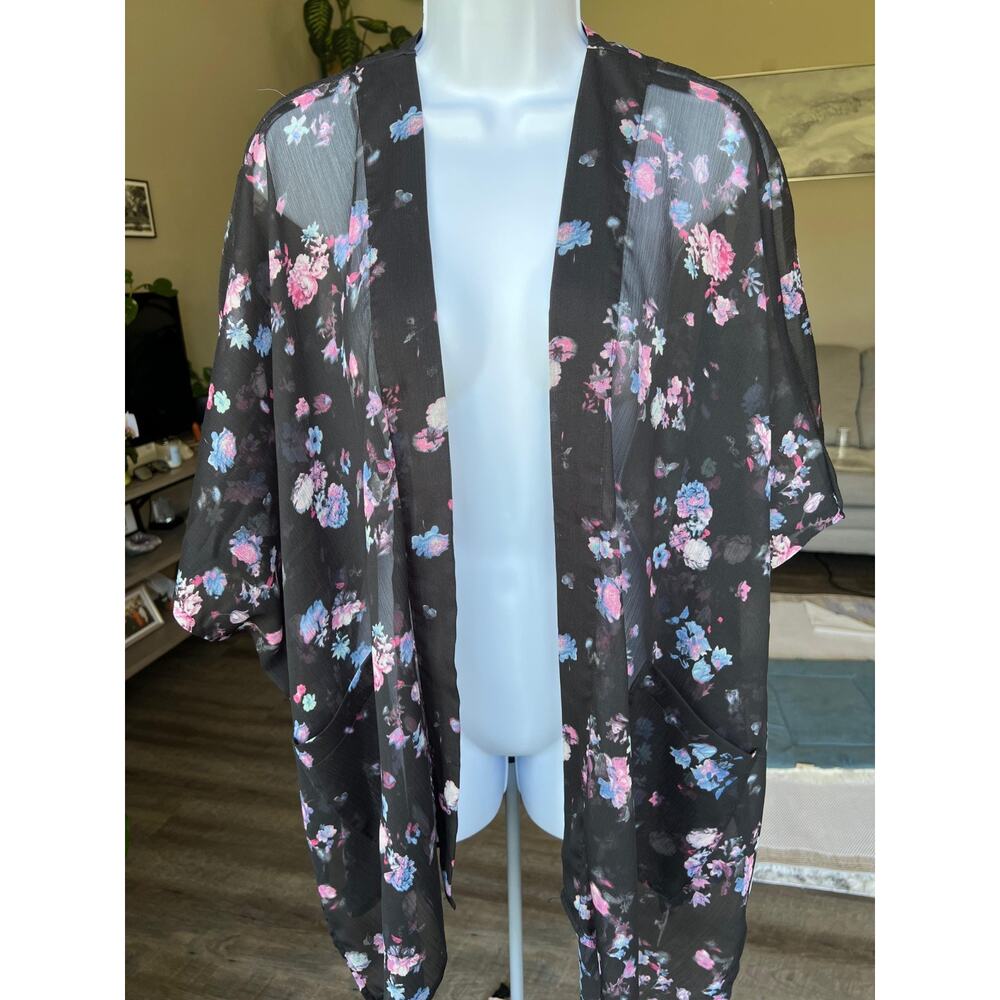 Arizona Jeans Womens Open Cardigan Black XS-S Floral Kimono Sleeve #492